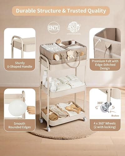 Fortella Nappy Caddy Organizer, 3-Tier Storage Trolley on Wheels, Bedroom Storage Baby Essentials for Newborn Nursery Changing Table, Easy Assembly, Portable Nappy Bag, Bathroom Kitchen Trolley(Brown) thumbnail 4