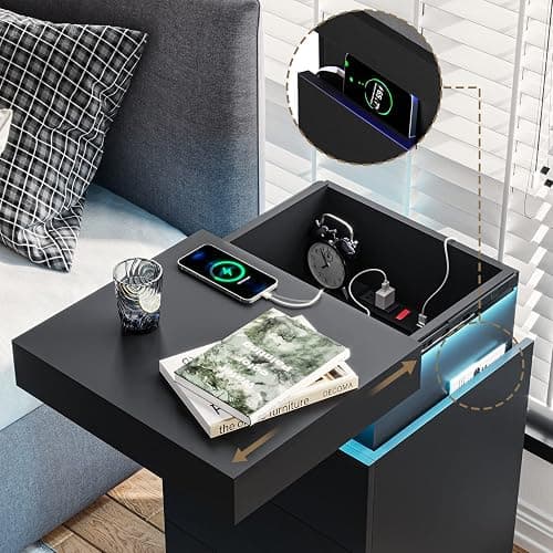 ADORNEVE Nightstand with Charging Station and LED Lights,Night Stand with Sliding Top,Bedside Table with Drawers,Modern End Side Table for Bedroom,Black thumbnail 3