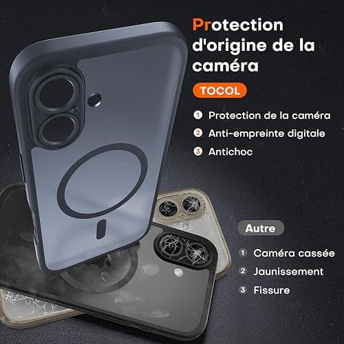 TOCOL Coque Magnétique pour iPhone 16 6,1 Pouces, Compatible avec MagSafe, Protection de l'objectif améliorée, Coque Mat Translucide Fine Antichoc, Noir thumbnail 5