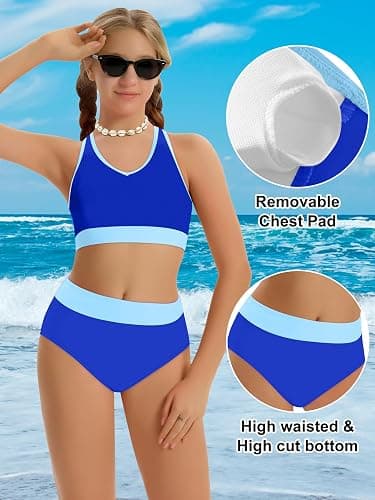 Girls Swimsuit Color-Block High Waist Sporty Sets Girls Two Piece Bathing Suit with Chest Pad Swimwear 7-16T thumbnail 6
