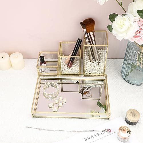 Hipiwe Set of 4 Gold Glass Makeup Brush Holder Organizer with Vanity Tray | Stackable Perfume & Cosmetic Brush Organizer, Mirrored Jewelry Trinket Tray, Pen & Pencil Holder for Dresser Bathroom thumbnail 4