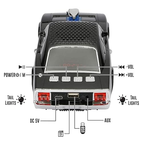 QFX Bluetooth 1968 Retro Muscle Car Replica Speaker, Dual 2-inch Speakers, Hands Free Link, Built-in Microphone, FM Radio and LED Party Lights, Black - BT-1968-BLK | Dual 2" Speakers, Hands-Free Link, Built-In Microphone, FM Radio, LED Party Lights thumbnail 3