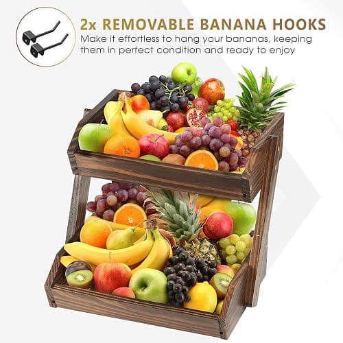 NAGAWOOD Large Capacity 2-Tier Wooden Fruit Basket, Durable Acacia Wood, 10.5" Tall, Spacious for Produce, Vegetables, Bread Storage and Home Kitchen Countertop thumbnail 3