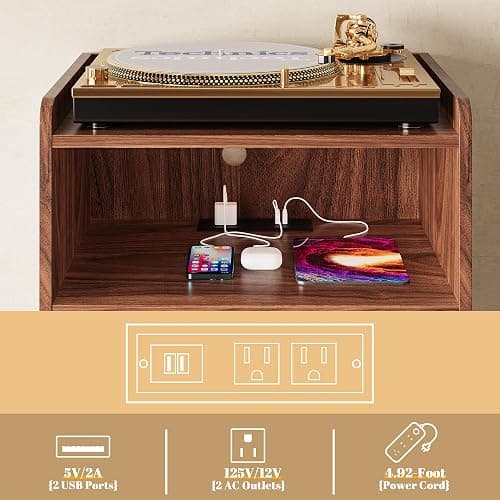 Record Player Stand, Turntable Stand with Record Storage and Charging Station & USB Ports, Record Player Table with Metal Divider, Record Stand Up to 160 Albums for Living Room, Bedroom Walnut thumbnail 3