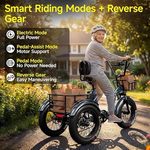tccyica Electric Tricycle for Adults, Fat Tire 3 Wheel Electric Trike Ebike, 750W Motor Peak 1350W, 52V 32Ah Removable Battery, 50 Miles Range, 7 Speed, 4-Piston Hydraulic Brakes, Cargo Rack thumbnail 5