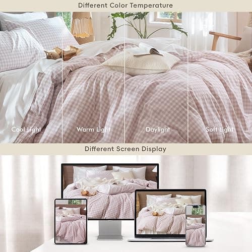 MooMee Gingham Duvet Cover Set 100% Washed Cotton Linen Like Textured Breathable Durable Soft Comfy Modern Checkered Design (Classic Gingham Greyish Pink, Queen 90"x90") thumbnail 7