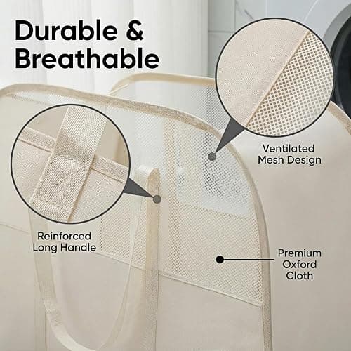 Foldable Laundry Basket with Mesh Window, Large Capacity 95L Dirty Clothes Hamper with Handles, Sturdy Steel Frame,Collapsible Laundry Hamper for Bedroom,Bathroom,Home,Dorm (Beige) thumbnail 6