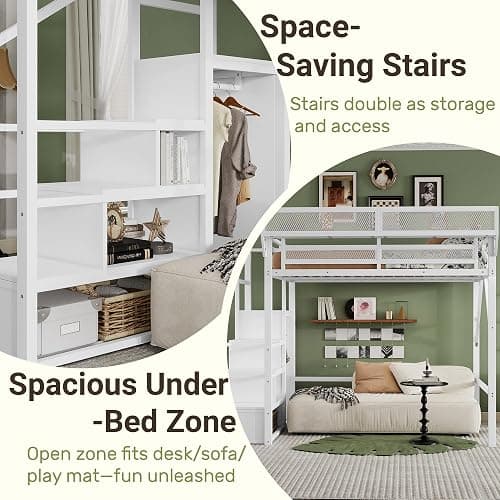 Mirightone Full Size Loft Bed with Stairs and Storage, Metal Loft Bed Frame with Bedside Shelf and Large Under-Bed Space, Heavy-Duty Loft Beds for Adults Teens and Kids, Convertible Staircase, White thumbnail 5