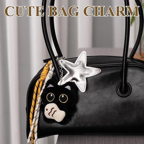 HONYJOOM Bag Charm Cute Black Cat Plush Keychain Backpack Purse Key Chain Accessories Gifts for Women thumbnail 4