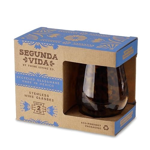Segunda Vida Tortuga Hand Blown Wine Glasses, Recycled Mexican Glassware with Tortoise Shell Pattern, Stemless Drinking Glasses for Wedding Gifts, Housewarming, Cocktail Party, 13 oz Set of 2 thumbnail 7