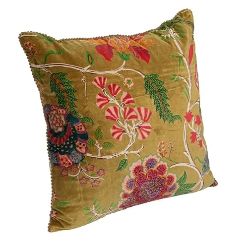 Creative Co-Op Cotton Blend Velvet Printed Pillow with Flowers and Mini Pom Pom Trim, Multicolor thumbnail 8