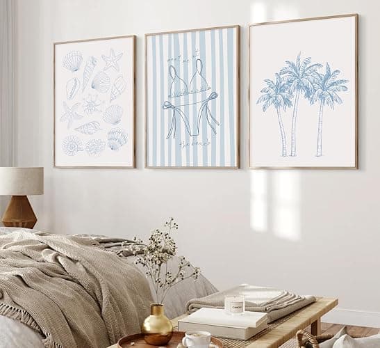 Blue Coastal Bikini Shells Canvas Wall Art Trendy Swimsuit Beach Aesthetics Painting Picture Wall Decor Preppy Coastal Print Artwork for Hallway Bedroom And Living Home Decoration【UNFRAMED】 thumbnail 4
