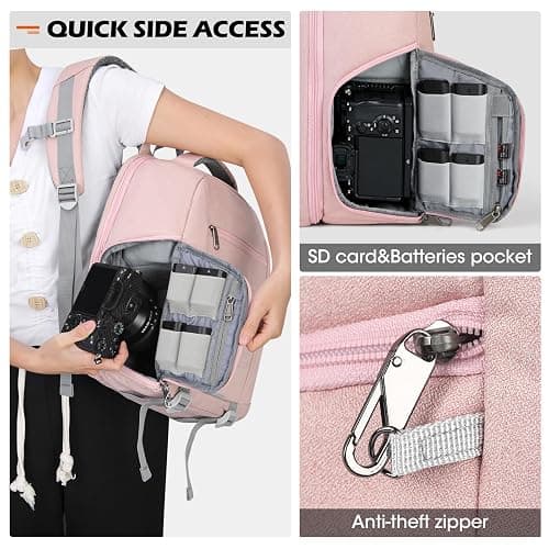 SDYSM Camera Bag Backpack Professional for DSLR SLR Mirrorless Camera Waterproof Laptop Back Pack 14 Inch with Rain Cover Anti Theft Travel Case Large Capacity Photography Backpack Pink thumbnail 3
