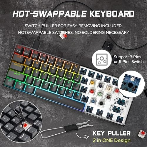 RK ROYAL KLUDGE RK61 Wired 60% Mechanical Gaming Keyboard Programmable QMK/VIA RGB Backlit 61 Keys Ultra-Compact Hot Swappable Brown Switch Black thumbnail 3
