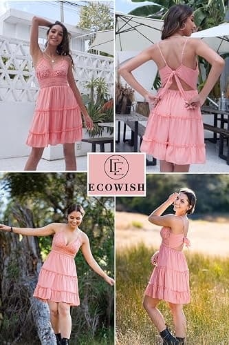 ECOWISH Summer Dresses for Women 2026 V-Neck Spaghetti Strap Bowknot Backless Sleeveless Lace Mini Swing Skater Dress thumbnail 6