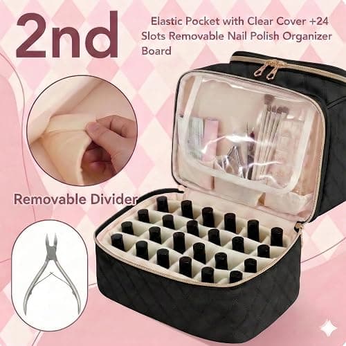 BAGCRAZY Nail Polish Organizer Case, Double Layer Nail Supplies Storage Bag holds 24 Bottles & UV/LED Lamp, Quilted Portable Manicure Travel Case with 8 Pcs Tools, for Nail Tech, Home & Salon, Black thumbnail 4