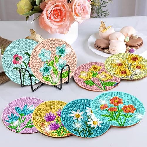 DOTZSO 8 Pcs Diamond Art Coasters Kit with Holder, Diamond Art Kits for Adults Beginners Small Diamond Painting Coasters, Arts and Crafts for Adults Supplies Item Sets (Flower) thumbnail 5