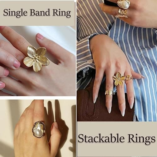 FAXHION 12 PCS Chunky Gold Rings for Women Non Tarnish Statement Flower Ring, 14K Gold Plated Stackable Open Stacking Rings, Big Knuckle Trendy Ring Set Jewelry Gift thumbnail 4