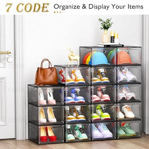 7 code Thicken & Sturdy Clear Shoe Storage Organizer with Magnetic Door, Stackable Boxes for Closet, Foldable Shoe Rack for Sneaker Boot Container, Plastic Shoe Cabinet Shoe Box 6 Pack, Black thumbnail 5