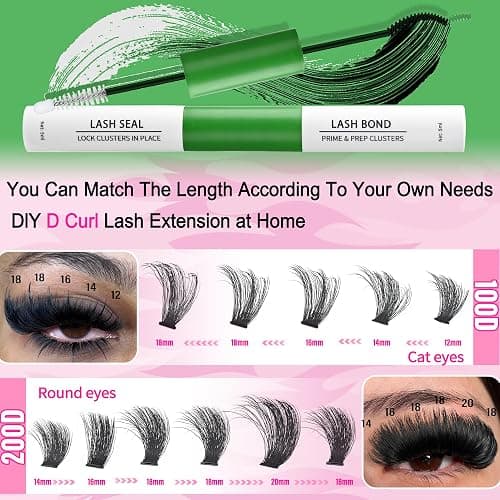 Lash Clusters Kit 100D+200D Mega Lashes Clusters 12-22mm Wispy Individual Thick Volume Eyelash Extensions 280Pcs with Bond and Seal Waterproof DIY Lash Extension at Home, by Hushlibaby(Plant Fiber) thumbnail 2