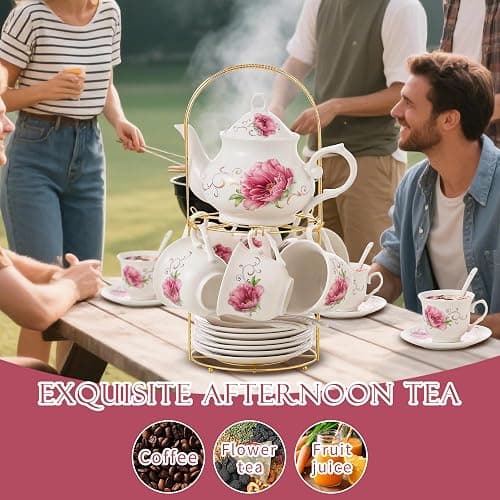 20-Pieces Tea Set For Adult with Golden Metal Rack,Porcelain Tea Sets For Women,Tea Gift Sets for Home&Party(015) thumbnail 6