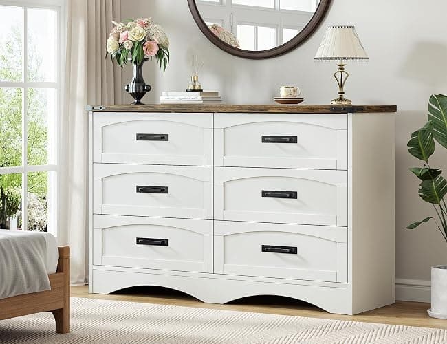 Decofy 47" Farmhouse 6-Drawer Dresser for Bedroom, Pure White + Walnut | Bar Handles, Rustic Wood Design, Large Storage Drawers, For Bedroom, Living Room, Hallway, And Entryway - Image 1
