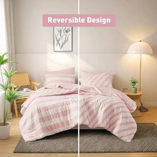 Reversible Striped Twin Comforter Set-Bed in A Bag 5-Pieces Bedding Set with Double-sided Stripes Design-Warm & Cozy Bed Set Includes Twin Size Comforter, Sheets Set, Pillowcase and Sham, Blush thumbnail 3