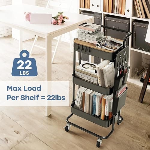 DTK 3 Tier Metal Utility Rolling Cart with Table Top and Side Bags, Tray Storage Organizer Wheels, Art Craft 4 Hooks for Kitchen Bathroom Office Living Room (Black) thumbnail 5