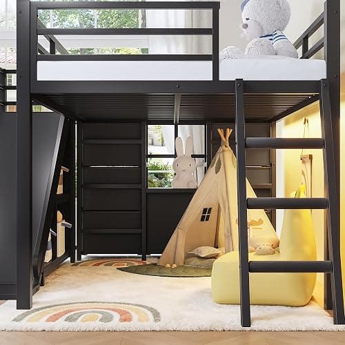 Bellemave Twin Size Loft Bed with 7 Non-Woven Fabric Drawers, Shelves and Wardrobe, Twin Loft Bed with Detachable Slide and Ladders, Low Profile Loft Beds with Lights, Noise Reduced Design Black thumbnail 6