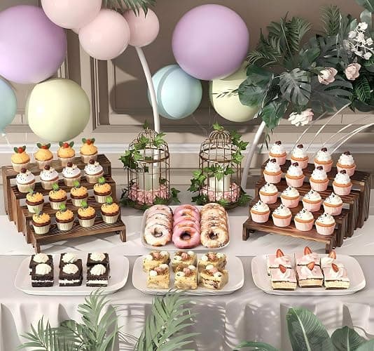 2 Set Large Wooden Tiered Riser Display Stands for Vendor Events,Stackable Wooden Cupcake Stand,Farmhouse Decor Wood Dessert Table Display Set,Vendor Booth Display Items,Food Display Risers for Party（12-11.2-10.4-9.6IN） thumbnail 4