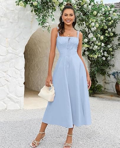 GLNEGE Women's Summer Milkmaid Midi Dresses Casual Corset Flowy Graduation Square Neck Dress Lace Up A-line Sundress 2025 thumbnail 5
