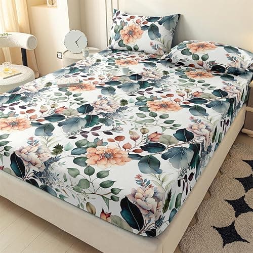 LweiPsqLin Full Size Fitted Sheet - Floral Brushed Microfiber Bed Sheet with 15 Inch Deep Pocket Elastic Edges - Shrink & Fade Resistant, Botanical Print Bedding thumbnail 2