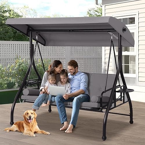 TOBYUL Patio Porch Swings with Adjustable Canopy - 3 Seat Outdoor Porch Swing Glider Bench with Stand, Heavy Duty Swing Bed W/Cushions Pillows and Cup Holder for Backyard Garden Lawn Poolside (Gray)