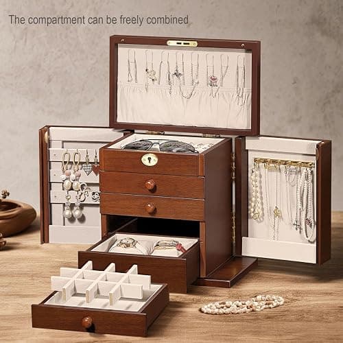 Artisticbox wooden Jewelry Box and Organizer - 8-Layer Lockable Wooden Jewelry Boxes for Women - Large Jewelry Boxes and Organizer with Key,Gift for Wife,dresser top jewelry box with lock thumbnail 4