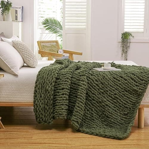 WESHIONGOO Chunky Knit Blanket Throw 51"×63" Knitted Throw Blankets for Couch Bed Fluffy Soft Blanket with Jumbo Chenille Yarn Thick 100% Handmade (Olive Green) thumbnail 2