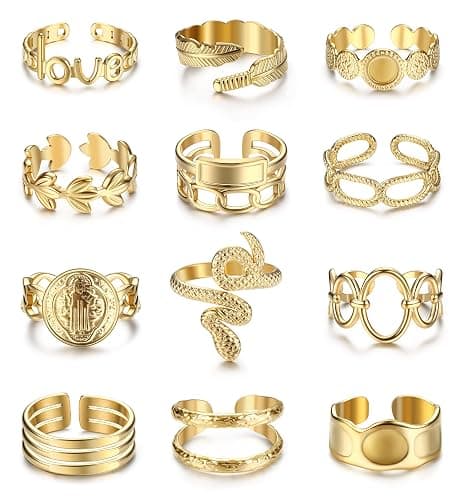 FIOROYAL 12Pcs 𝟏𝟖𝐊 𝐆𝐨𝐥𝐝 𝐏𝐥𝐚𝐭𝐞𝐝 Rings for Women Stainless Steel Stackable Rings Boho Signet Snake Ring Adjustable Open Ring Chunky Knuckle Rings Set Gold - Image 1