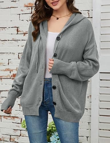 Women's Casual Cardigan V Neck Button Down Hooded Sweaters Long Sleeve Hoodies Outfits - X-Large - Grey thumbnail 5
