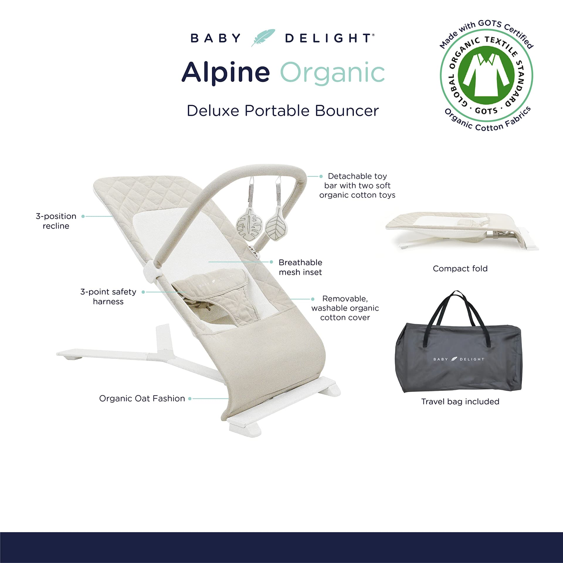 Baby Delight Alpine Deluxe Portable Bouncer, Infant, 0-6 Months, 100% GOTS Certified Cotton Fabrics, Organic Oat - Organic Oat - Bouncer thumbnail 2