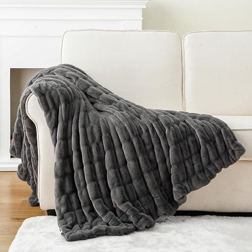 BATTILO HOME Luxury Faux Fur Blanket for Couch, Double Side Ruched Rabbit Fur Blanket Supper Soft Throw Blankets for Bed, Cozy Blanket, 50“x60 thumbnail 7