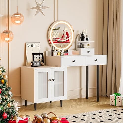 LIVELYGLOW Vanity Desk with Round LED Mirror, Modern Makeup Vanity with Power Outlet, LED Touch Screen 3 Lighting Modes, Adjustable Brightness, Acrylic Cabinet & 3 Drawers- White thumbnail 9