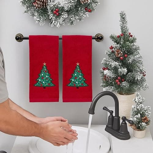 Serafina Home Christmas Red Bathroom Hand Towels, 2 pc Set, 16 x 25, Elegant Christmas Tree, 100% Cotton Velour Terry, Holiday Decor for Bath and Kitchen thumbnail 2