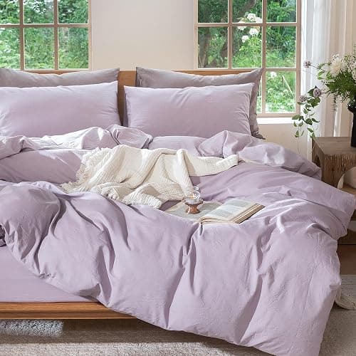 MooMee Bedding Duvet Cover Set 100% Washed Cotton Linen Like Textured Breathable Durable Soft Comfy (Heathered Light Purple, Twin 68"x90") thumbnail 7