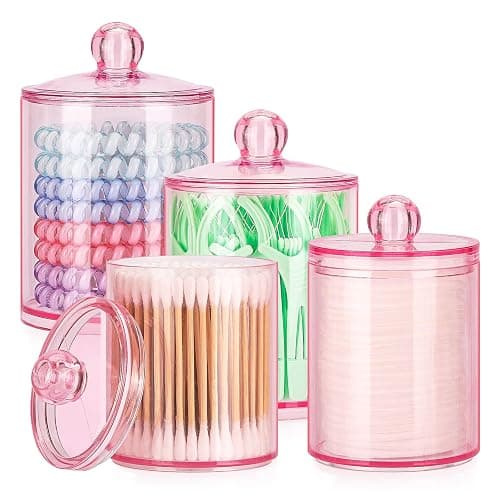 Tbestmax 12 oz & 10 oz Qtip Holder - 4 Pack Restroom Bathroom Organizers and Storage Containers, Pink Plastic Apothecary Jars with Lids for Cotton Swab, Cotton Round Pads, Floss - Image 1