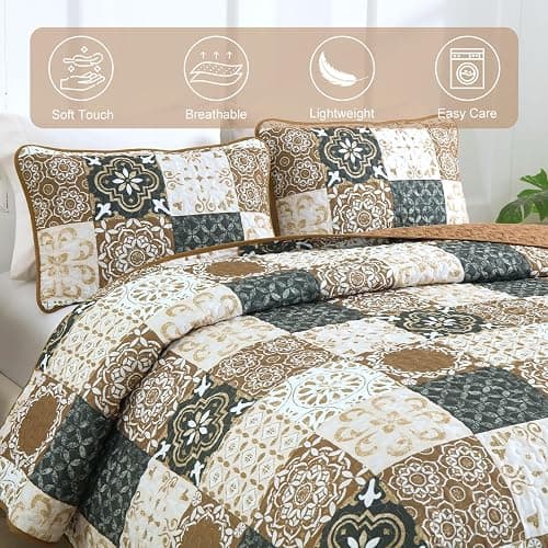 Dobuyly Brown Quilt Set Queen Size, Boho Plaid Patchwork Bedspreads Coverlet Set, 3 Pieces Soft Lightweight Microfiber Fall Quilt Bedding Set for All Seasons 96"x90" thumbnail 4