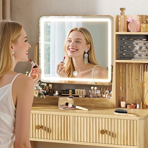 Memobarco Fluted Vanity Desk with Mirror and Lights, Small Makeup Vanity with 2 Drawers and Jewelry Storage Cabinet, 3 Lighting Modes Adjustable Brightness, Dressing Table for Bedroom - Natural Oak thumbnail 5