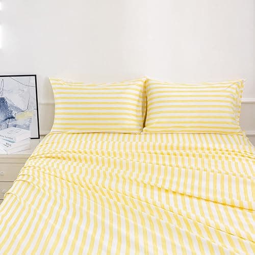 Best Season 4 Piece Stripe Microfiber Stripe Sheet Set - Super Soft Luxury Hotel Deep Pocket,Stain, Fade & Wrinkle Resistant Bedding Set (Yellow,Full Size) - Image 1