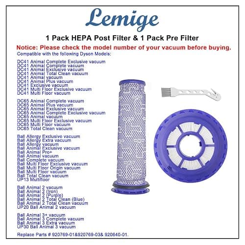 Lemige Vacuum Filters Replacement Parts for Dyson DC41 DC65 DC66 UP13 UP20 UP30 Animal, Multi Floor and Ball Animal 2 Aniaml 3 Vacuums, Part 920769-01&920640-01, 1 Pack Post Filter & 1 Pack Pre Filter thumbnail 5