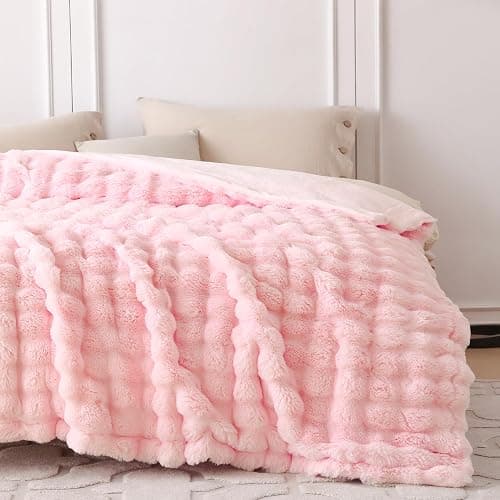 COOVA Faux Fur Throw Blanket for Couch, Cozy Soft and Fuzzy Plush Rabbit Fur Bubble Blanket for Sofa Bedroom Living Room, 50x60 Inches Light Pink thumbnail 4