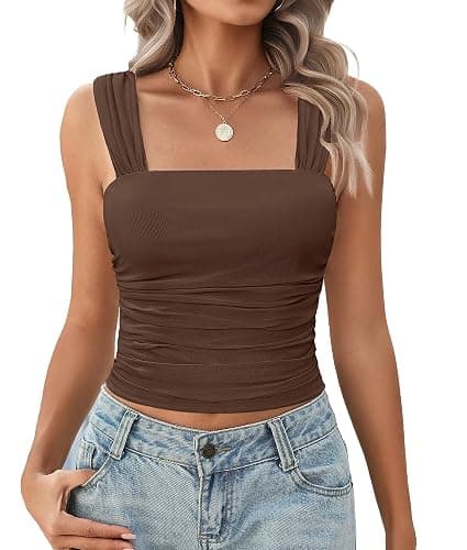 Avidlove Square Neck Tops for Women Mesh Cute Ruched Crop Tank Y2K Concert Going Out Top Brown - Image 1