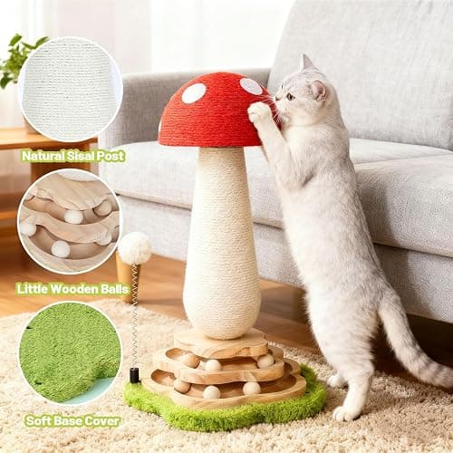 Mushroom Cat Scratching Post Cat Tree, Cute Cat Scratcher Tower with Interactive Ball Two-Layer Track Spring Ball Toys, Mushroom Scratch Post Cat Sisal Scratcher with Catnip for Indoor Cats thumbnail 5